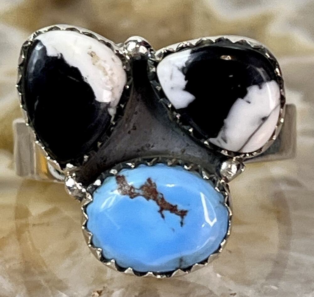 Southwestern White Buffalo Golden Hills Turquoise 3-Stone Cluster Ring 925
